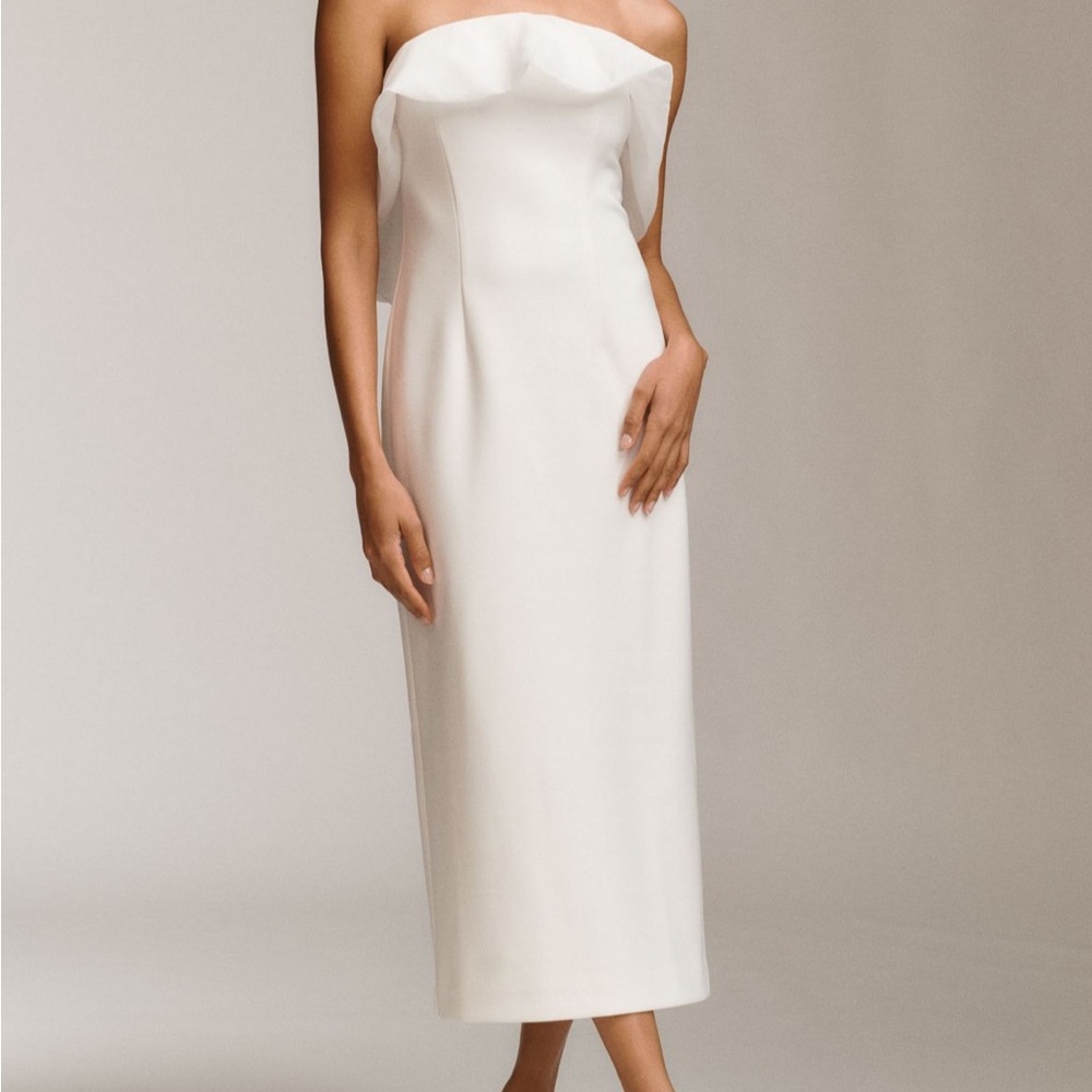 BHLDN anthropologie chiffon ruffle Elegant White Strapless midi slim Dress